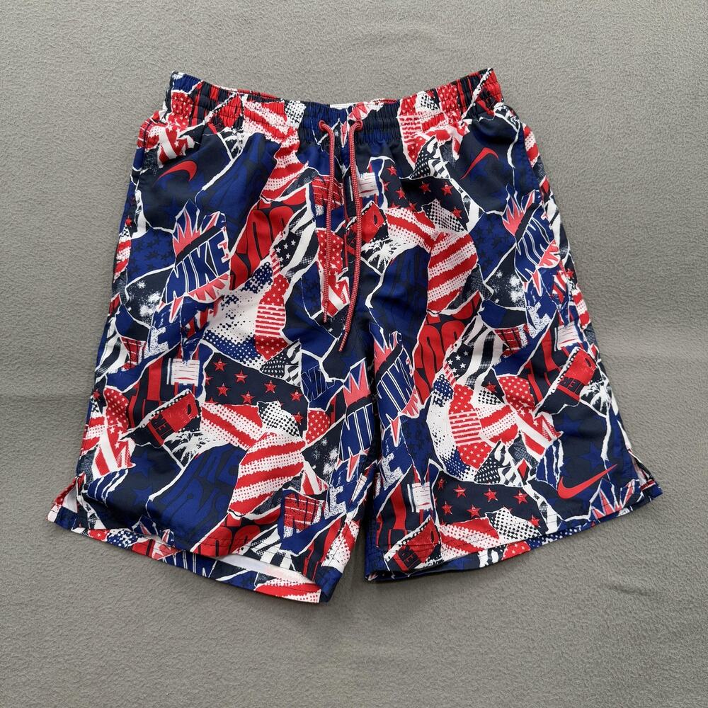 Nike Swim Shorts Mens Medium Red White Blue Patriotic Stars Mesh Lined NESSB473